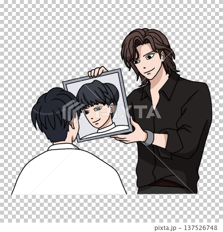 Hair salon treatment scene of a male customer with a hairdresser checking his hairstyle in the mirror Hair salon treatment scene of a male customer with a hairdresser checking his hairstyle in the mirror 137526748