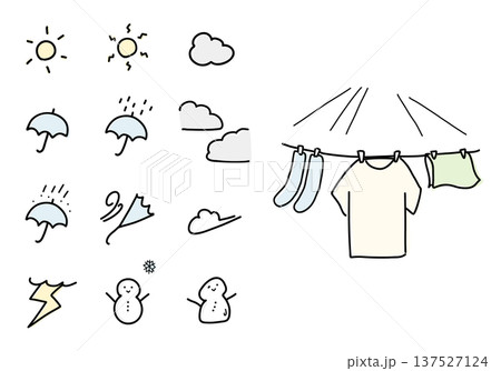 手描きのお天気マークと洗濯物のイラストセット 手描きのお天気マークと洗濯物のイラストセット 137527124