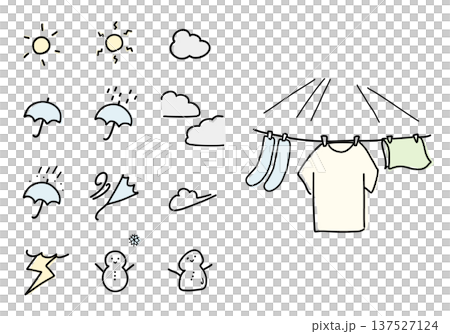 手描きのお天気マークと洗濯物のイラストセット 手描きのお天気マークと洗濯物のイラストセット 137527124