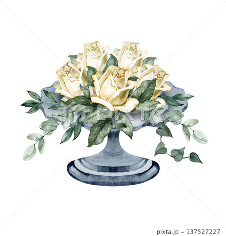 Exquisite watercolor painting of cream roses arranged in a blue vintage pedestal bowl. This botanical illustration features delicate eucalyptus greenery and soft petals in a classic, romantic style. Exquisite watercolor painting of cream roses arranged in a blue vintage pedestal bowl. This botanical illustration features delicate eucalyptus greenery and soft petals in a classic, romantic style. 137527227