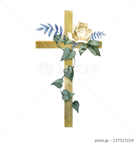 Elegant watercolor illustration featuring a golden Christian cross adorned with a cream rose and winding green ivy. This beautiful floral religious symbol is perfect for wedding programs, baptisms 137527229