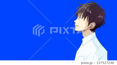 上を見上げるワイシャツの男子学生または社会人の横顔左向きアニメ風イラスト、左に余白 137527246