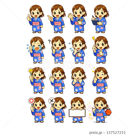 浴衣女性 表情セット 16ポーズ 夏祭り 日本文化 キャラクターイラスト 137527251