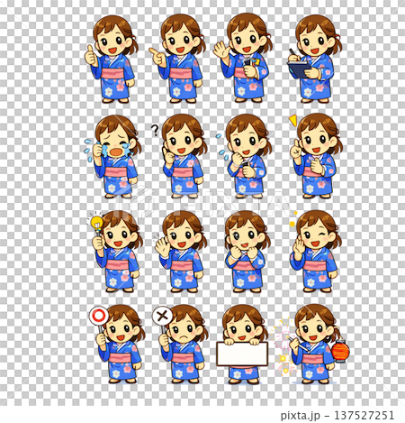 浴衣女性 表情セット 16ポーズ 夏祭り 日本文化 キャラクターイラスト 137527251