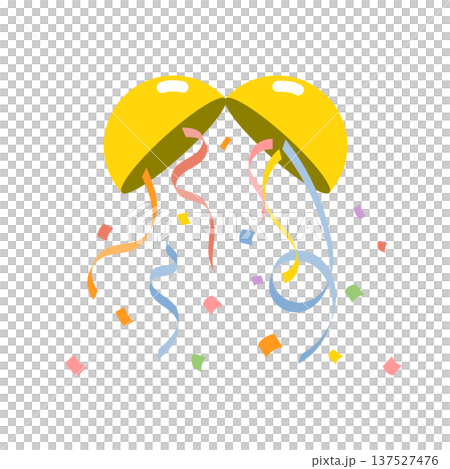 一幅慶祝插圖，描繪了五彩紙屑和彩帶從一個破裂的氣球中飄落的情景。 137527476