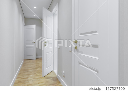 Interior of Bright Modern Corridor with White Paneled Doors Interior of Bright Modern Corridor with White Paneled Doors 137527500