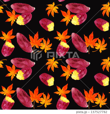 焼き芋と紅葉のシームレスパターン　手描き水彩イラスト背景素材 137527782