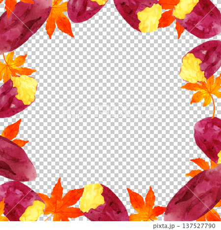 烤地瓜和秋葉構成手繪水彩插畫背景素材 137527790