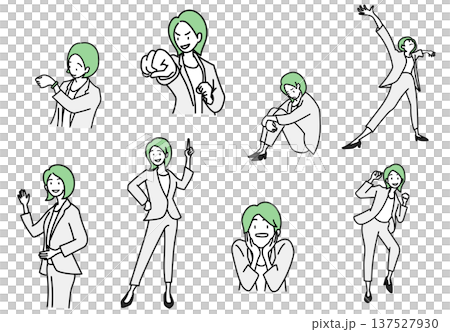庫存插圖：一組身著職業裝的女性擺出各種姿勢和表情 137527930