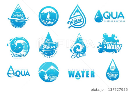 Mineral and spring water icons with vector blue drops, splashes and droplets of clean aqua. Pure eco mineral and natural mountain spring water isolated labels set of waterdrops, circles and waves Mineral and spring water icons with vector blue drops, splashes and droplets of clean aqua. Pure eco mineral and natural mountain spring water isolated labels set of waterdrops, circles and waves 137527936