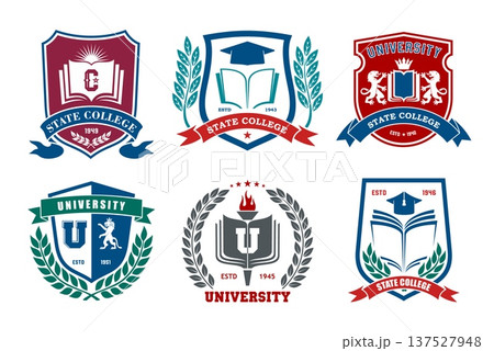 University college, academy and school education icons. Vector shield badges of books, torch and graduation hats with laurel wreaths and ribbon banners. University or college heraldic insignias set University college, academy and school education icons. Vector shield badges of books, torch and graduation hats with laurel wreaths and ribbon banners. University or college heraldic insignias set 137527948
