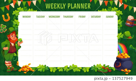 Weekly planner with Irish leprechaun and holiday shamrock clover. Education vector agenda, daily schedule or kid lessons timetable template with St Patrick's objects, pot of gold, top hat and rainbow 137527949