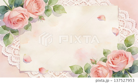 水彩の薔薇とレースを添えたレター風背景 137527953