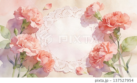 明るいピンクのカーネーションとレースのフレーム（母の日・ギフト向け背景） 137527954