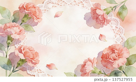 明るいピンクのカーネーションとレースのフレーム（母の日・ギフト向け背景） 137527955