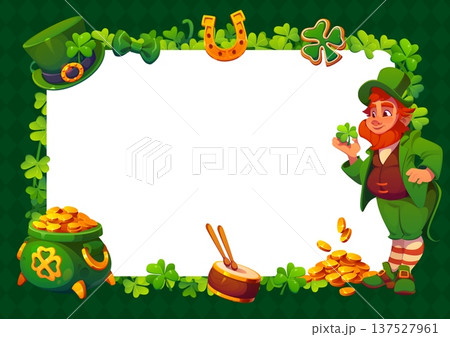 Happy St Patrick's day holiday frame, banner border. March festive vector greeting card, Saint Patrick banner border with leprechaun character, shamrock clovers, coins in pot, horseshoe and drum 137527961