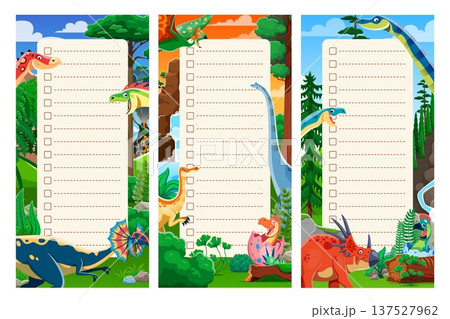 Kids memo note frames with cute dinosaurs in prehistoric jungle. Vector notebook paper page, diary or school planner, kids memo note or to do list frames of dinosaurs and baby dino characters 137527962