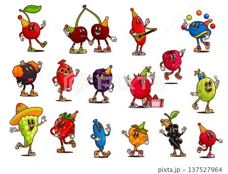 Groovy berry characters on holiday party. Cartoon happy fruit food vector personages of retro y2k strawberry, cherry and grapes, groovy y2k raspberry and currant with party hats, glasses and gift box 137527964