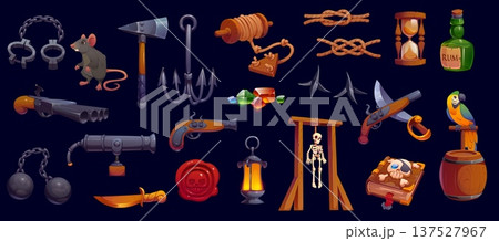 Cartoon 3d pirate game icons, Caribbean corsairs weapons and accessory, vector GUI assets. Pirate treasure gems, swords and guns, corsair knots and cannon, parrot, rum and boarding hook game icons Cartoon 3d pirate game icons, Caribbean corsairs weapons and accessory, vector GUI assets. Pirate treasure gems, swords and guns, corsair knots and cannon, parrot, rum and boarding hook game icons 137527967