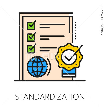 Product standardization and inspection icon or pictogram. Factory regulations sign, production standards control color line vector icon. Quality inspection symbol with checklist, globe and award seal 137527968