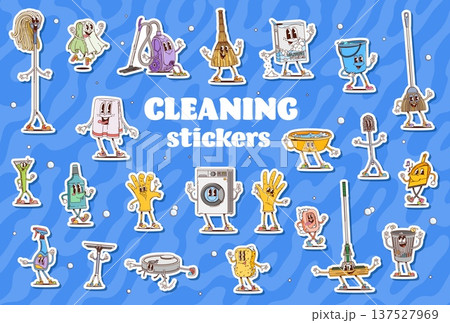 Housekeeping and cleaning groovy characters stickers. Home cleaning, household appliances groovy vector characters with floor mop, vacuum cleaner robot, washing machine and trash can, window scraper Housekeeping and cleaning groovy characters stickers. Home cleaning, household appliances groovy vector characters with floor mop, vacuum cleaner robot, washing machine and trash can, window scraper 137527969