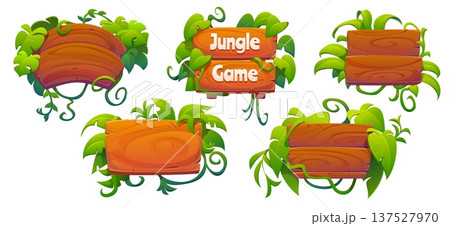Jungle forest adventure signs and wooden signboards decorated with tropical leaves, vector signage boards. Jungle forest signs in vines, thick leaves and curling stems of creeping plants on signboards Jungle forest adventure signs and wooden signboards decorated with tropical leaves, vector signage boards. Jungle forest signs in vines, thick leaves and curling stems of creeping plants on signboards 137527970