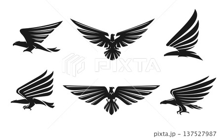 Black eagle, falcon and hawk icons, heraldic bird symbols with spread wings. Vector silhouettes of flying black eagle birds for military heraldry, sport team coat of arms and tattoo elements Black eagle, falcon and hawk icons, heraldic bird symbols with spread wings. Vector silhouettes of flying black eagle birds for military heraldry, sport team coat of arms and tattoo elements 137527987