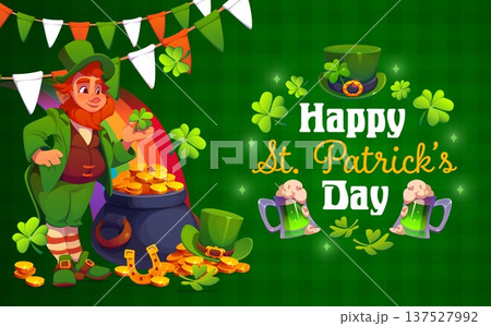 Happy St Patrick's day greetings card. Saint Patrick party vector flyer. Ireland holiday greeting card with leprechaun character, golden coins in cauldron, Ireland flag garland and shamrock clover Happy St Patrick's day greetings card. Saint Patrick party vector flyer. Ireland holiday greeting card with leprechaun character, golden coins in cauldron, Ireland flag garland and shamrock clover 137527992