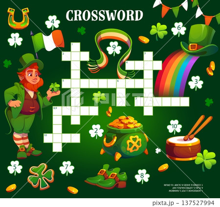 Happy St Patrick Day crossword quiz game grid vector worksheet. Cartoon leprechaun character with irish holiday symbols crossword game. St Patrick horseshoe, gold pot, rainbow and flag word puzzle Happy St Patrick Day crossword quiz game grid vector worksheet. Cartoon leprechaun character with irish holiday symbols crossword game. St Patrick horseshoe, gold pot, rainbow and flag word puzzle 137527994