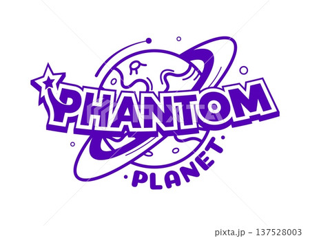 Purple Y2K streetwear phantom planet icon or emblem. Clothing futuristic Y2K print, brand typography funky isolated vector emblem. Apparel graphic vintage icon or streetwear text retro label element 137528003