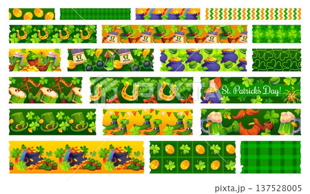 Irish washi tape St Patrick holiday adhesive pieces. Saint Patrick holiday vector sticky strip, Irish holiday washi tape adhesive piece with clovers, pot of gold, horseshoe, leprechaun hat and boots 137528005