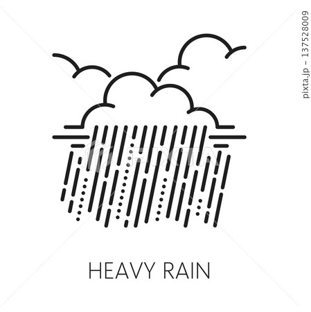 Heavy rain natural disaster, world catastrophe line icon. Environmental cataclysm line symbol, natural catastrophe vector pictogram. Heavy rain disaster icon with raindrops and thunderstorm clouds 137528009
