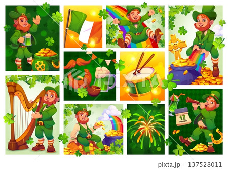 Happy St Patrick's day and leprechaun characters collage. Irish festive vector greeting card, St Patrick collage banner or flyer with leprechauns, clover leaves, coins in pot and music instruments Happy St Patrick's day and leprechaun characters collage. Irish festive vector greeting card, St Patrick collage banner or flyer with leprechauns, clover leaves, coins in pot and music instruments 137528011