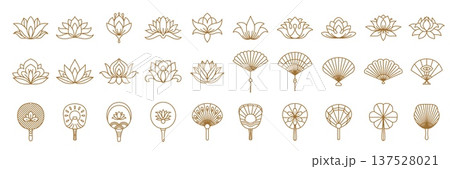 Japanese lotus blossom and fan icons with vector line oriental pattern of flowers, clouds, feathers and sun, eye and fuji mountain. Paper folding and rigid hand fans, blooming lotus outline gold icons 137528021