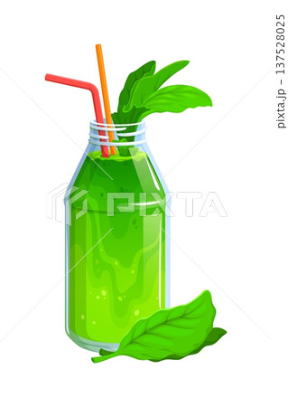 Green vegan smoothie vector drink in glass bottle with bubbles on surface, two straws and fresh green leaves. Healthy food, vegan diet, organic juice smoothie drink 137528025
