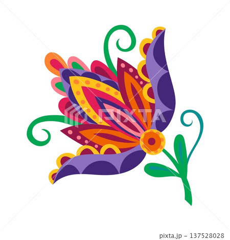 Mexican folk embroidery spring flower decoration with green stem red and purple petals. Mexican folk element, Latin American culture floral vector decor. Hispanic colorful flower isolated decoration 137528028