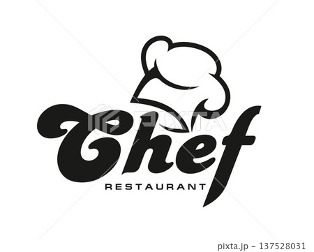 Chef cook restaurant, culinary and cooking icon. Bakery chef cook vector badge, restaurant cooking icon. Culinary and gastronomy menu symbol or emblem with chef toque and graphic black typography 137528031