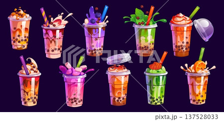 Cartoon bubble milk tea drink glasses. Vector cups of boba pearls or tapioca balls dessert beverages with milk, ice, fruits, chocolate and caramel. Bubble tea drink with splashes and drinking straws 137528033