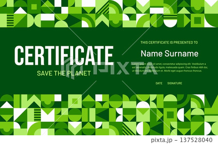 Ecology diploma certificate with geometric pattern borders of vector abstract green shapes. Ecology certificate and eco green energy diploma award template with modern geometric pattern background 137528040