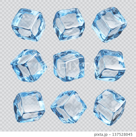 Realistic ice cubes, isolated crystal ice blocks on transparent background. Vector 3d frozen drinking water cubes with translucent blue square facets and icy texture, cool frosty crystals set 137528045