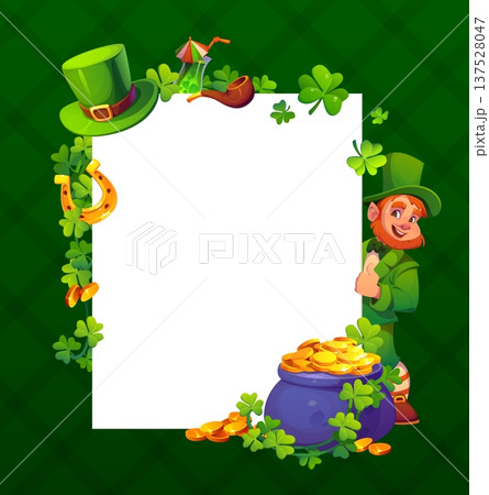 Happy St Patrick's day banner or frame. Ireland holiday vector invitation, Saint Patrick celebration banner or greeting card with cheerful leprechaun, pot of golden coins, top hat and shamrock clovers Happy St Patrick's day banner or frame. Ireland holiday vector invitation, Saint Patrick celebration banner or greeting card with cheerful leprechaun, pot of golden coins, top hat and shamrock clovers 137528047
