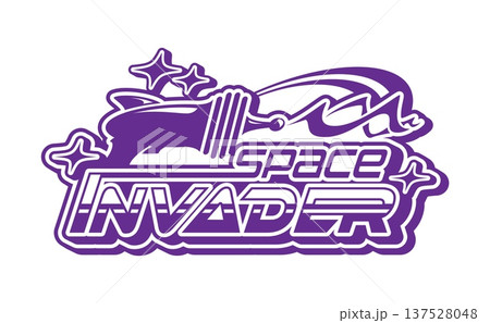Space invader and cosmos retro Y2K icon or emblem. Universe exploration vector icon, cosmos travel element. Galaxy research Y2K symbol with alien invaders weapon, laser blaster, futuristic typography 137528048