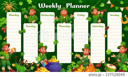 Weekly planner schedule with leprechaun characters. Education vector schedule, week planner or kid timetable with St Patrick's funny leprechauns personages, clover, pot of gold and music instruments 137528049