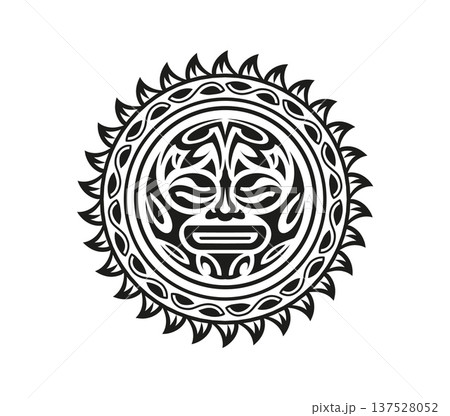 Maori sun face medallion warrior graphic black tattoo or symbol. Samoan ethnic black symbol, Polynesian tribal abstract tattoo. Maori tribe folk print Maori sun face medallion warrior graphic black tattoo or symbol. Samoan ethnic black symbol, Polynesian tribal abstract tattoo. Maori tribe folk print 137528052