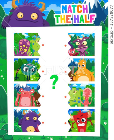 Match half of funny cartoon monster characters kids game. Parts half matching kids quiz game, fragment search riddle vector worksheet with spooky horned monsters, scary alien creatures characters 137528077