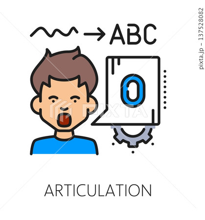 Kids articulation cognitive ability color line icon or pictogram. Child mental capability outline vector icon, articulation cognitive ability symbol with boy character pronouncing ABC letter sounds Kids articulation cognitive ability color line icon or pictogram. Child mental capability outline vector icon, articulation cognitive ability symbol with boy character pronouncing ABC letter sounds 137528082