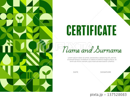 Environment business certificate template with geometric Bauhaus pattern. Ecology sustainability vector diploma, planet Earth protection certificate. Nature save award document with Bauhaus shapes Environment business certificate template with geometric Bauhaus pattern. Ecology sustainability vector diploma, planet Earth protection certificate. Nature save award document with Bauhaus shapes 137528083