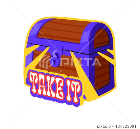 Pirate treasure chest vintage Y2K sticker or label. Pirate nautical sticker, piracy and sailing retro vector tag. Corsair marine Y2K label or patch with locked wooden treasure chest Pirate treasure chest vintage Y2K sticker or label. Pirate nautical sticker, piracy and sailing retro vector tag. Corsair marine Y2K label or patch with locked wooden treasure chest 137528091