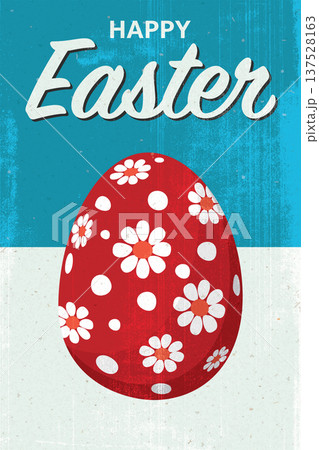 Happy Easter greeting card, poster, label or banner have decorated egg hand drawn illustrated retro style with ink stains from risograph defect printing on blue and white background. Happy Easter greeting card, poster, label or banner have decorated egg hand drawn illustrated retro style with ink stains from risograph defect printing on blue and white background. 137528163