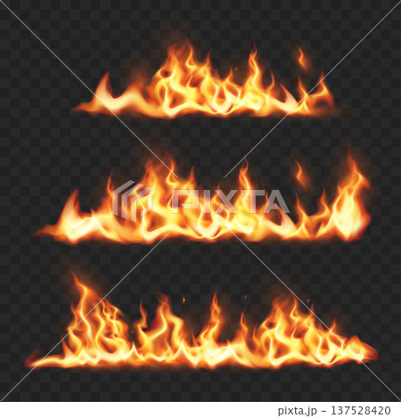Realistic Fire Flame Border Set. Vector Glowing Burning Lines Isolated on Transparent Background. Realistic Fire Flame Border Set. Vector Glowing Burning Lines Isolated on Transparent Background. 137528420